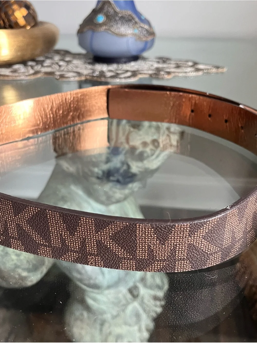 Michael Kors Brown Logo Belt with Gold MK Buckle